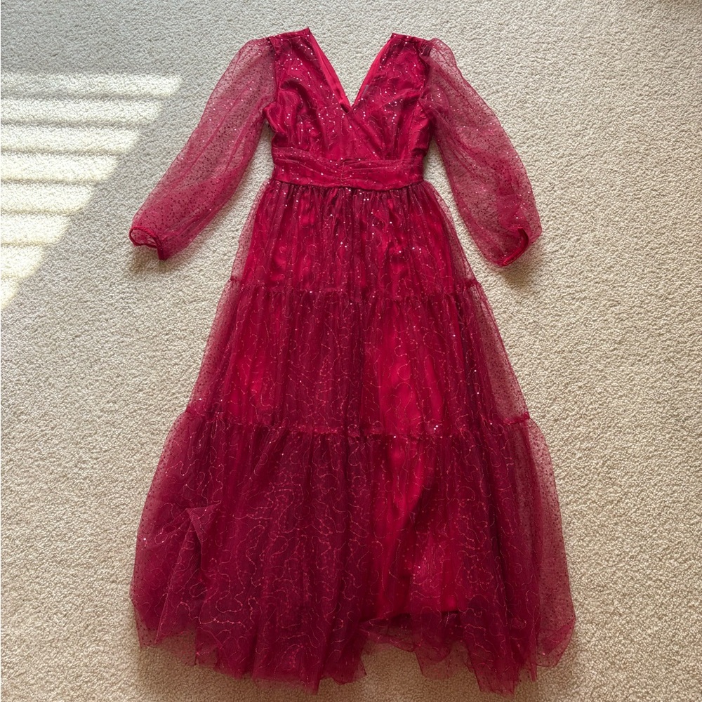 Red Long Sleeve Tule Formal Dress by EleStory (Size: L)